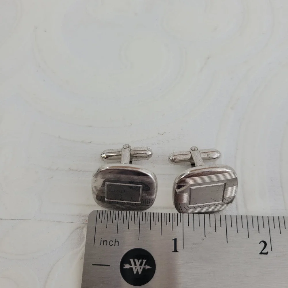 Vintage Anson Silver Tone Engine Turned‎ Square Cufflinks Mid Century Modern